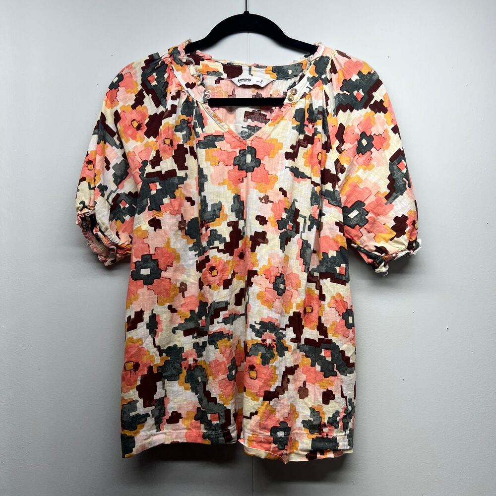 Sonoma Dark Floral Puff Sleeve Top Womens Medium Lightweight Cotton Cottage Boho